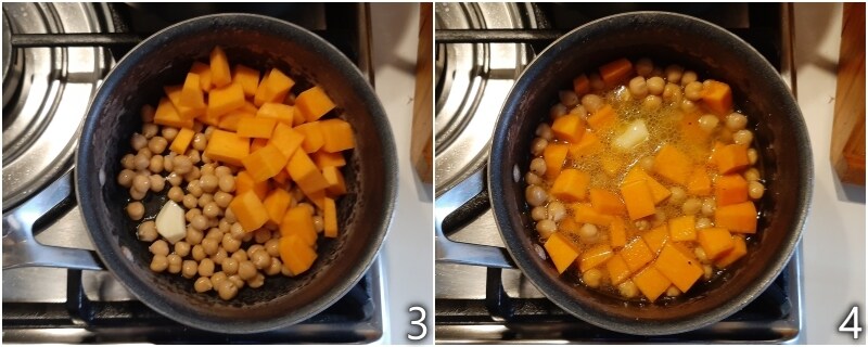 b. añadir calabaza y garbanzos pre cocidos
