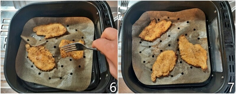 c. cocinar las rebanadas de pechuga de pollo empanado en la freidora de aire