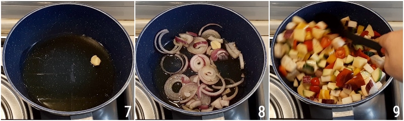 ciambotta receta original guarnición de verduras guisadas típico de Lucana, Puglia, Salento y Nápoles el chicco di mais 3 sofreír cebolla