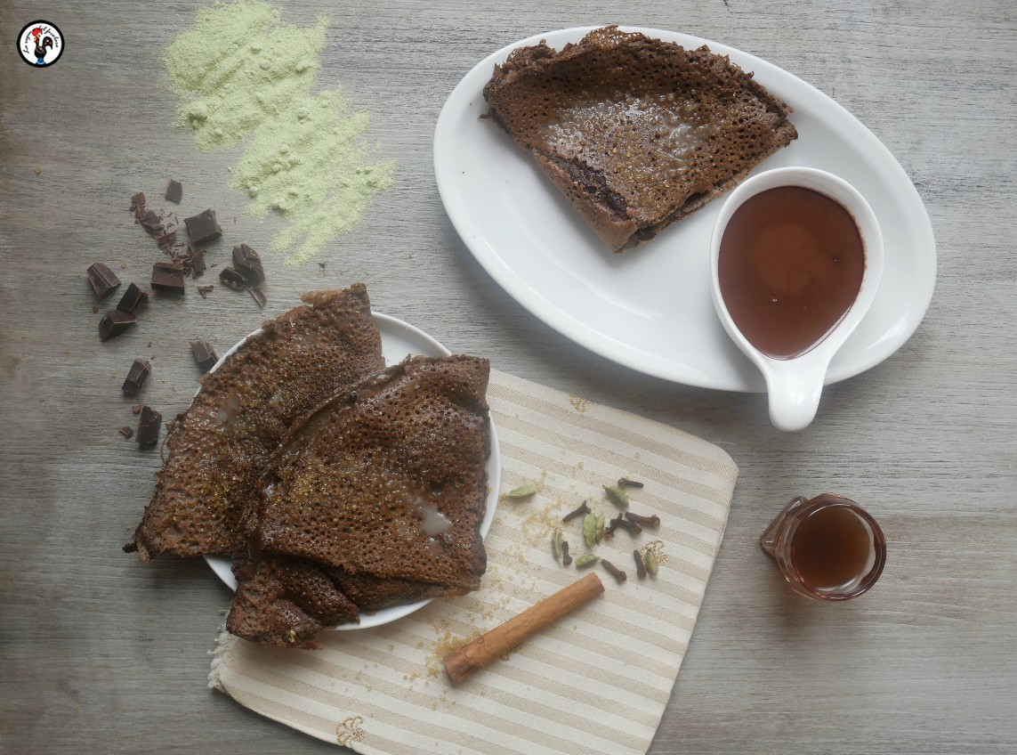 Crêpes de guisantes y chocolate al ron