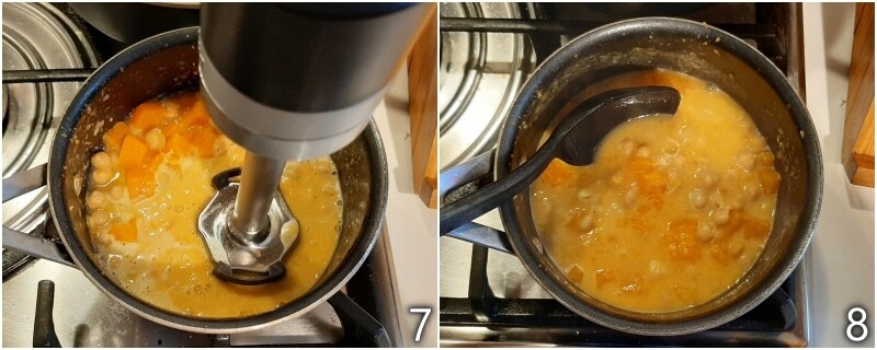 d. batir la sopa de garbanzos y calabaza para hacerla cremosa