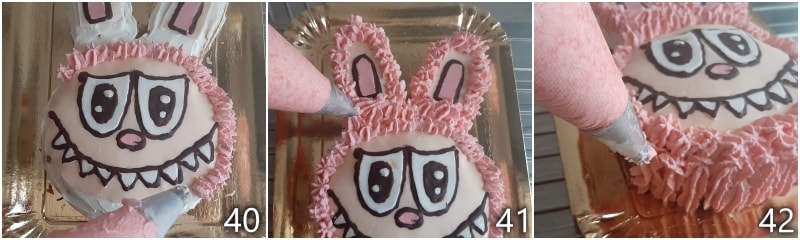 p. decorar con el frosting rosa la tarta temática labubu para simular el pelo
