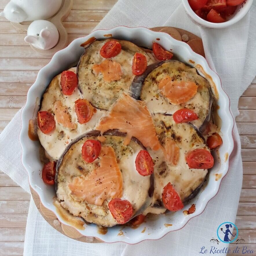 Parmigiana con berenjenas a la parrilla y salmón