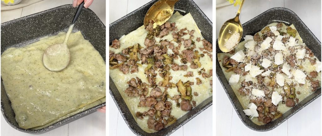 Lasaña con salchicha y crema de brócoli en freidora de aire