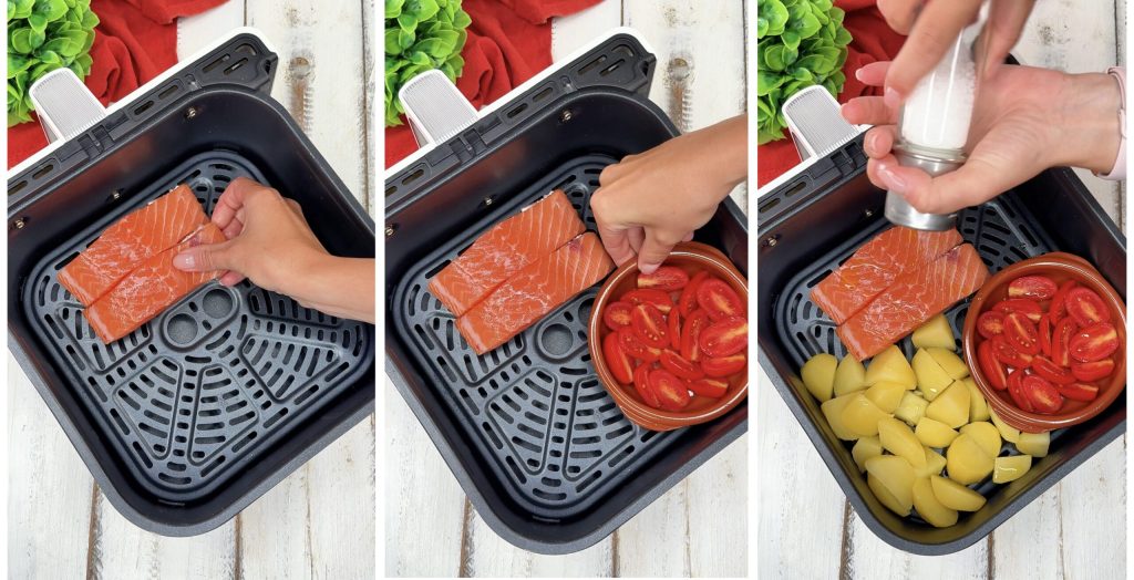 Salmón con patatas y tomatitos en freidora de aire