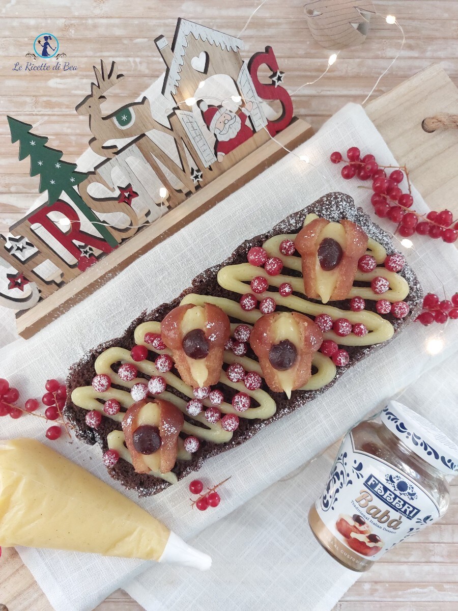 Plumcake de cacao con babá al ron y crema pastelera