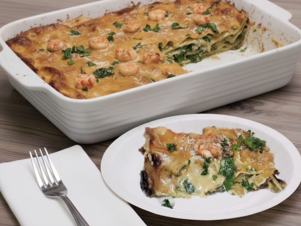 Lasaña con gambas, setas porcini y judías verdes