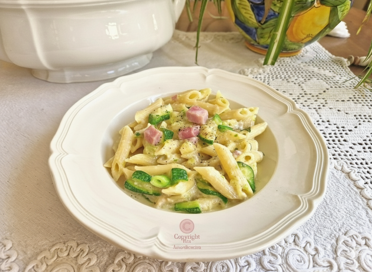 La pasta con calabacines, panceta y stracchino
