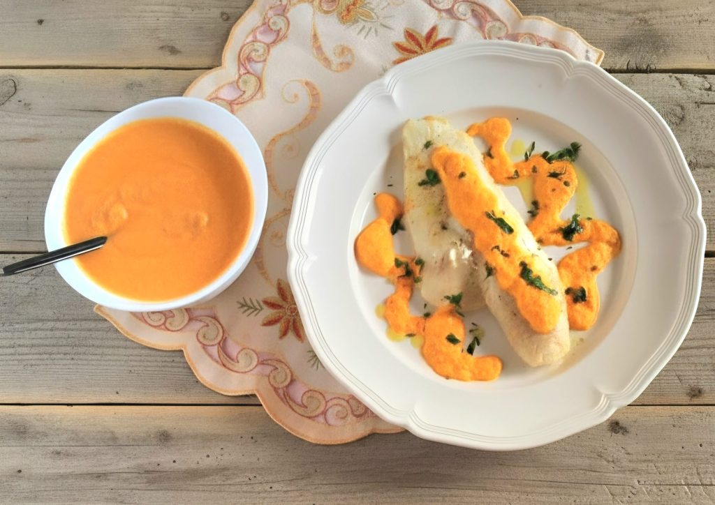Filete de bacalao con crema de pimientos