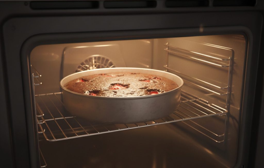 la Tarta de cacao y fresas con ganache de chocolate