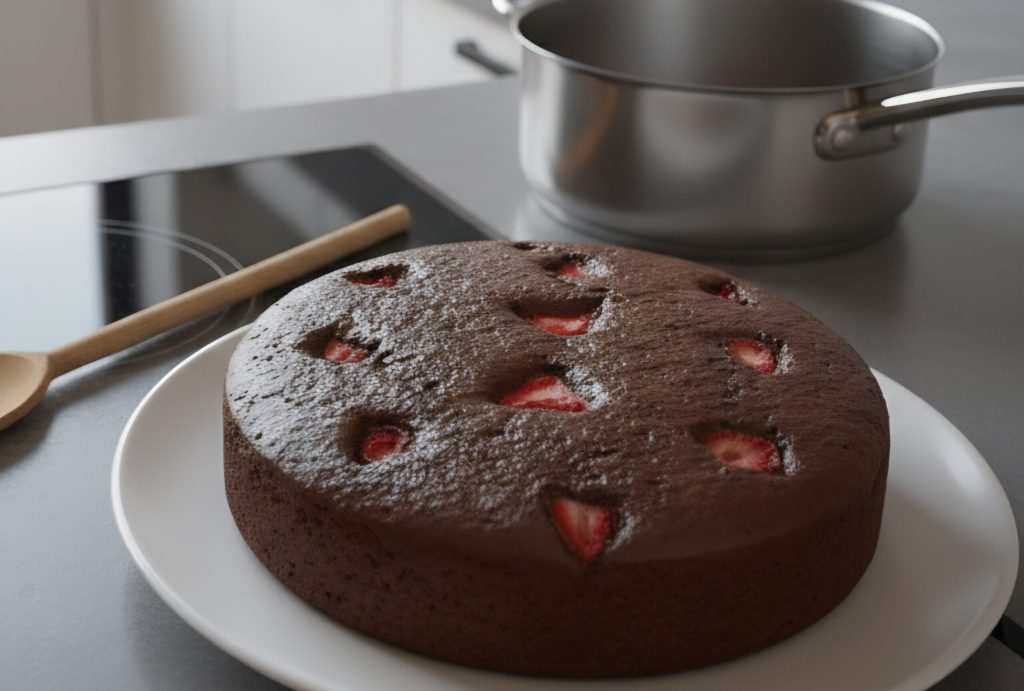 la Tarta de cacao y fresas con ganache de chocolate