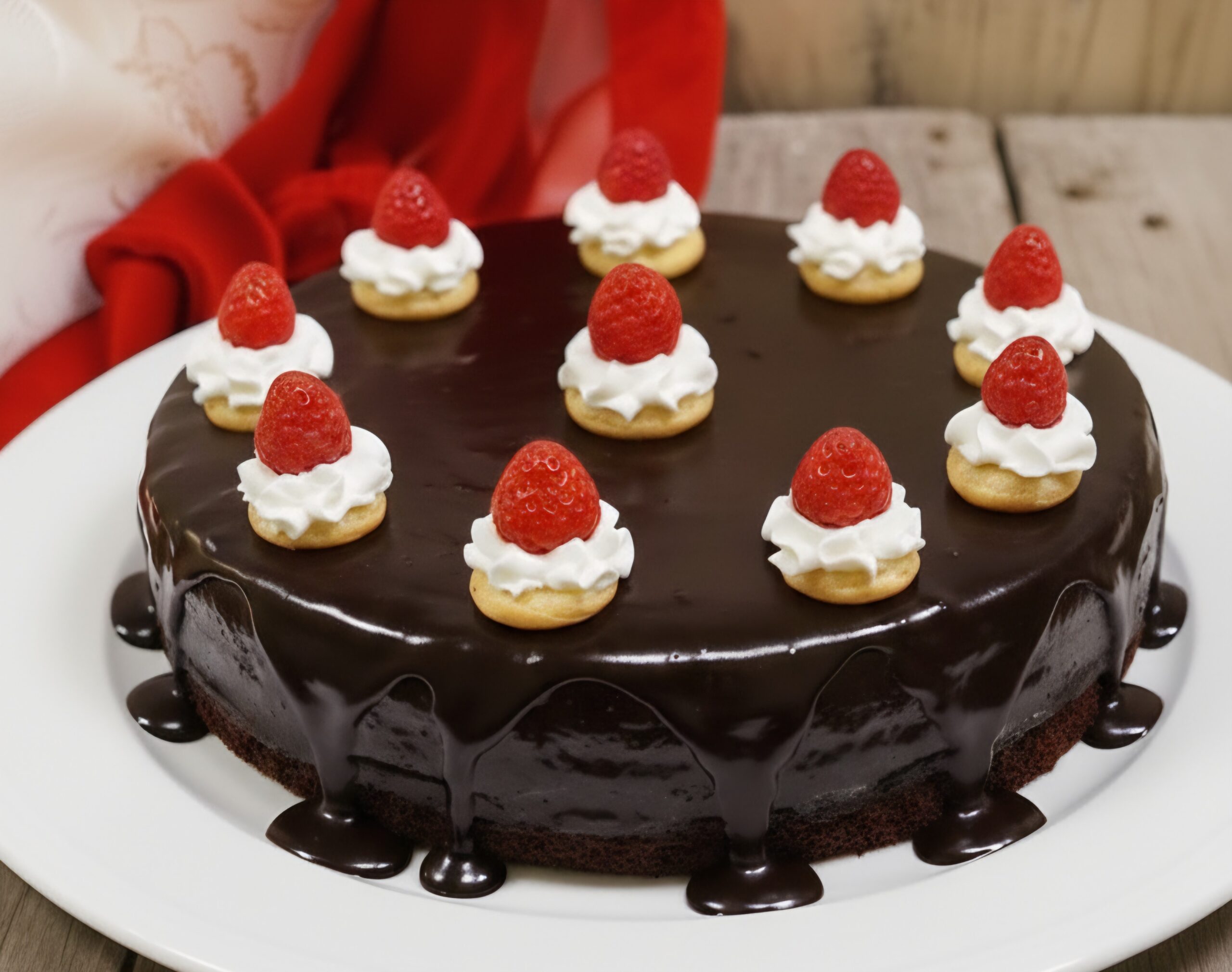 Tarta de cacao y fresas con ganache de chocolate