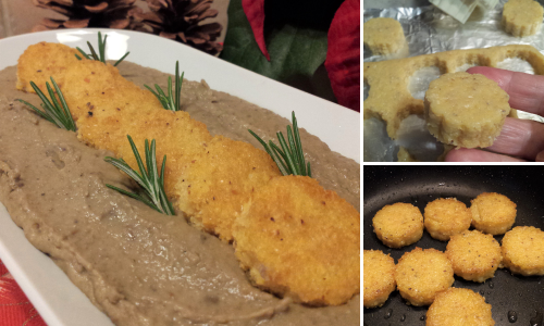 Bocaditos de polenta sobre crema de lentejas