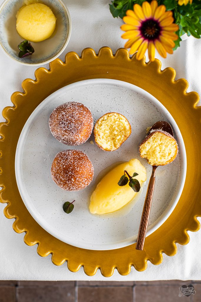 Canederli de ricotta con sorbete de manzanas Topaz bio