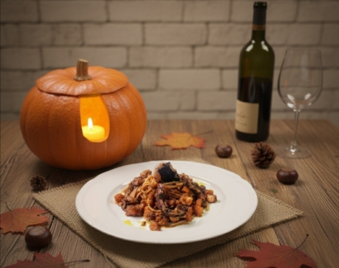Espaguetis con calabaza y pulpos tostados