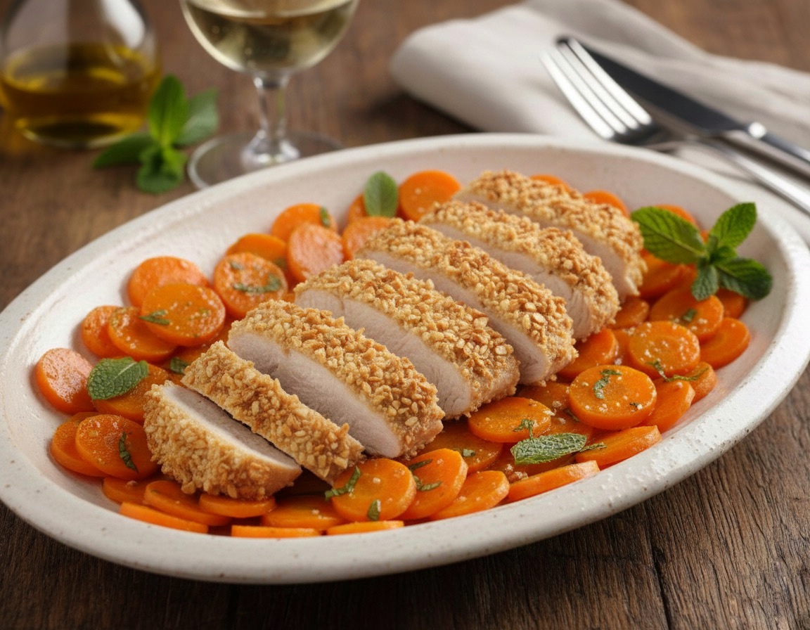 POLLO EN COSTRA DE ALMENDRAS Y ZANAHORIAS A LA MENTA