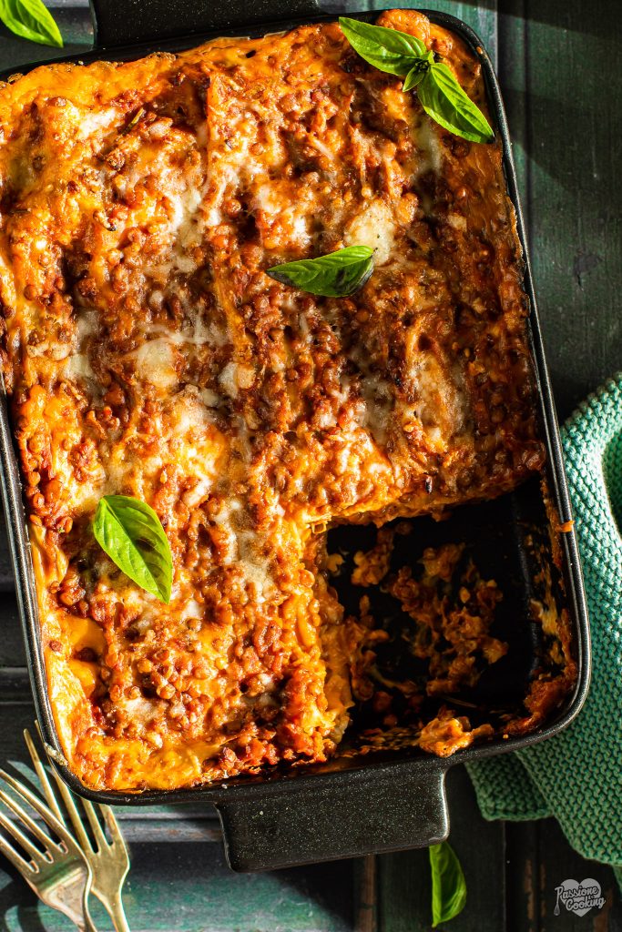 Lasaña con ragú de lentejas