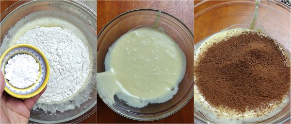 añadir harina y levadura, dividir la mezcla y añadir cacao y leche a una de ellas