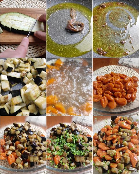 cocina la berenjena en sartén y los ñoquis en abundante agua con sal y mezcla en un cuenco con cebollino y aceite