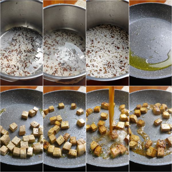 cocinar el arroz en olla a presión y el tofu en sartén