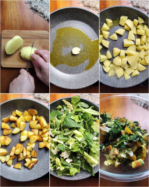 cocinar las patatas y las hierbas en la sartén y dejar enfriar en un bol