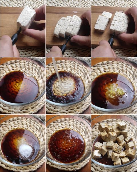 cortar el tofu en cubos y marinar con soja, zumo de limón y azúcar