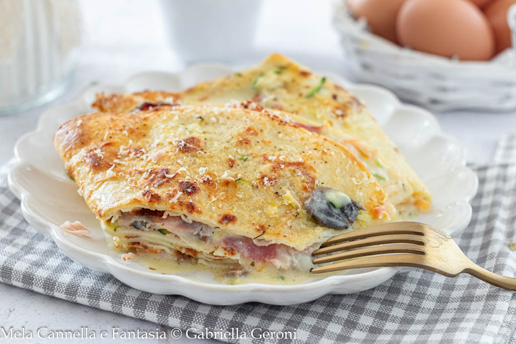 crepes con champiñones y jamón cocido asado