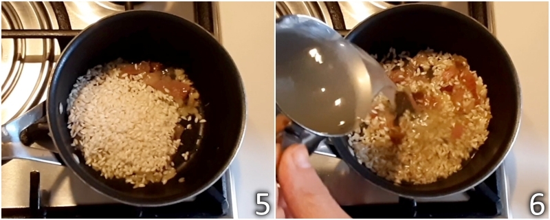 d. tostar el arroz y desglasar con el caldo vegetal