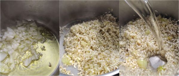 dorar la cebolla, tostar el arroz y desglasar con vino blanco
