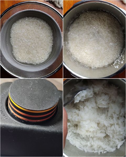 enjuagar el arroz y cocinarlo en la olla a presión