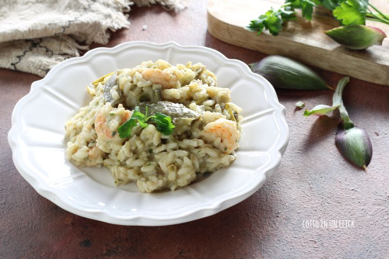 risotto de alcachofas y gambas en olla a presión