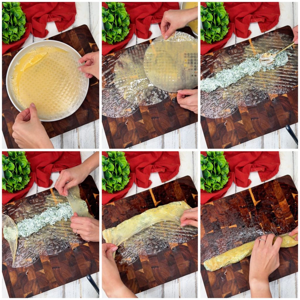 Mhancha con hojas de arroz rellenas de ricotta y espinacas