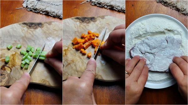picar las verduras y pasar la carne por la harina
