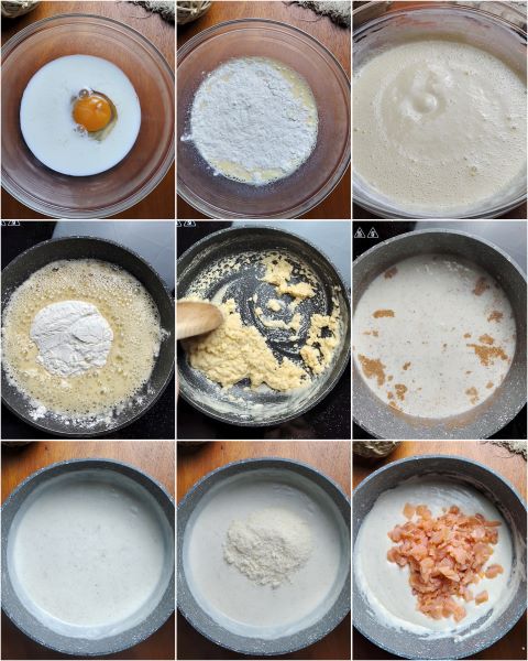 prepara la masa de las crepes y añade a la bechamel salmón y queso