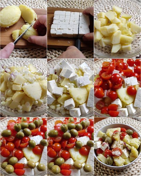 preparación de la ensalada de patatas a la griega