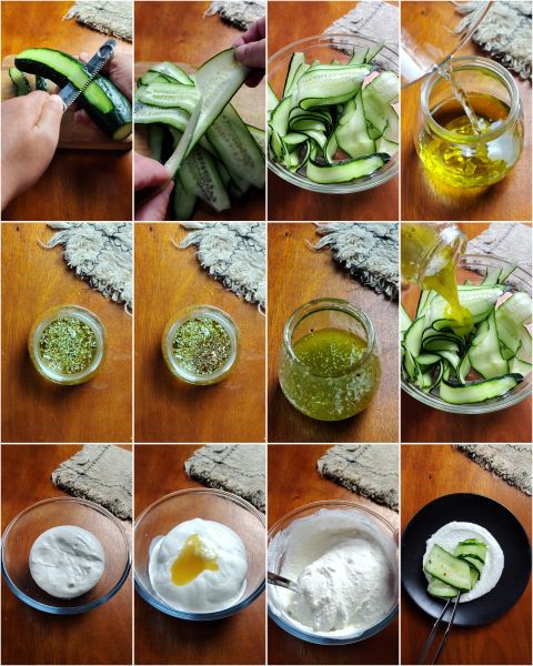 preparación de la ensalada de pepinos con crema de ricotta y yogur