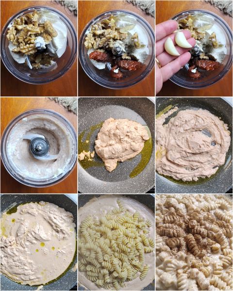 preparación de la pasta con pesto de ricotta y nueces