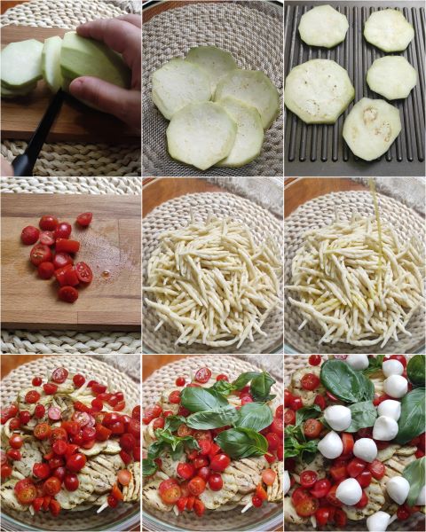 preparación de la pasta fría con berenjenas y tomatitos