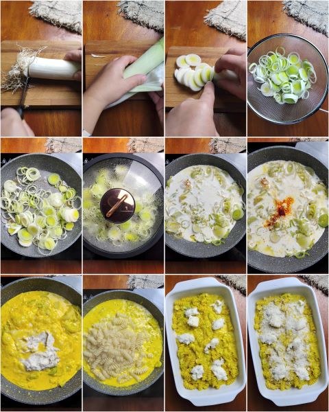 preparación de la pasta puerros, gorgonzola y azafrán al horno