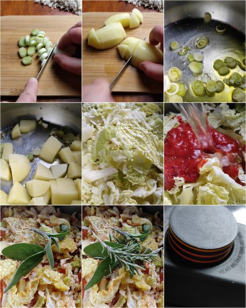 preparación de la sopa de col y frijoles en olla a presión