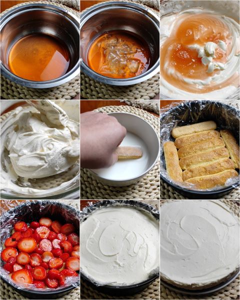 preparación de la tarta fría de fresas y mascarpone