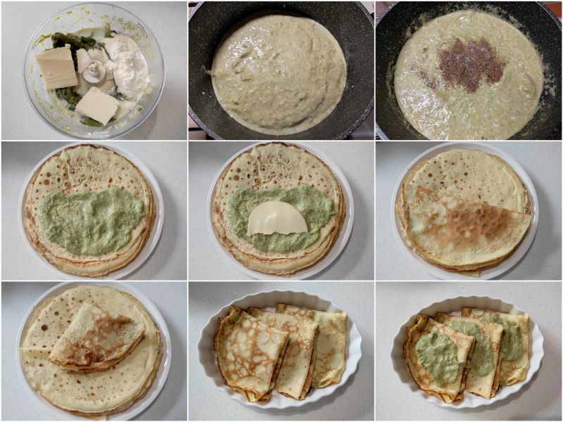preparación de las crepes con crema de espárragos