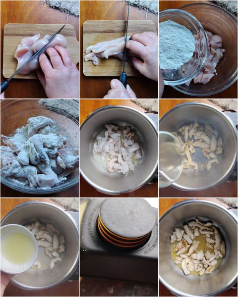 preparación de las tiras de pollo al limón en olla a presión