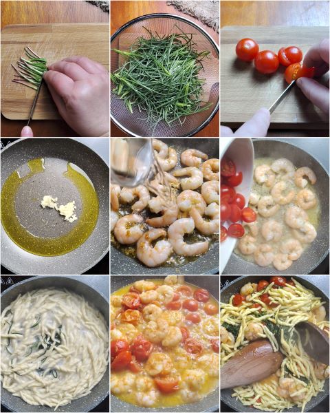 preparación de las trofie con agretti y langostinos