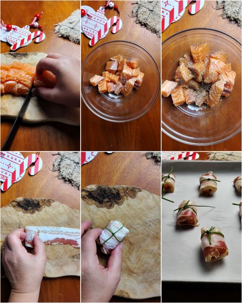 preparación de los bocaditos de salmón y bacon al horno