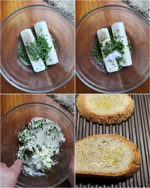 preparación de los crostini con cebollas caramelizadas y queso