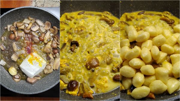 preparación de los gnocchi al azafrán y setas