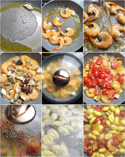 preparación de los gnocchi con gambas y setas