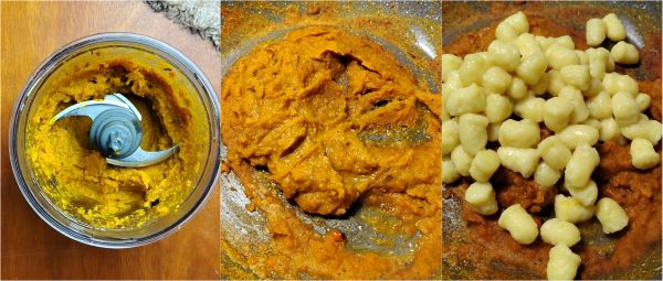 preparación de los ñoquis con crema de calabaza y feta