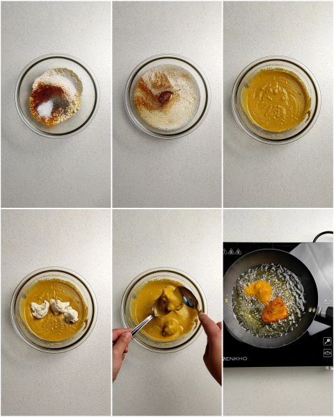 preparación de los pakora de verduras